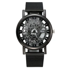 Stylish black skeleton quartz watch with Roman numerals and Milanese mesh metal strap