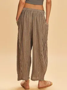 Rear view of striped cotton linen women's casual pants with elastic waistband