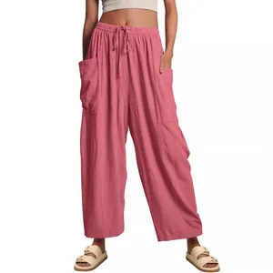 Pink cotton linen wide leg cropped pants with elastic waist and drawstring
