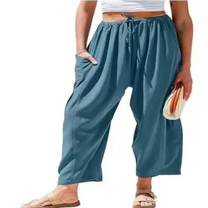Blauwe dames zomer linnen broek met elastische taille en wijde pijpen casual kleding