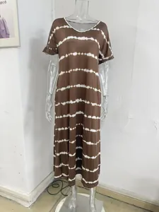Casual summer V-neck maxi dress featuring brown tie-dye stripes and feminine ruffle sleeves.