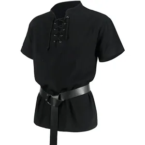 Detail of men's medieval renaissance shirt with lace-up neck and black leather belt