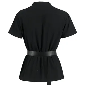 Back view of men's Gothic Renaissance short sleeve shirt featuring waist bandage detail