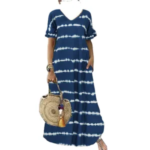 Elegant Bohemian blue and white V-neck tie-dye maxi dress with ruffle sleeves and side pockets