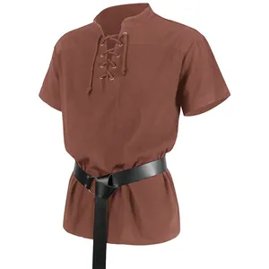 Detail of brown medieval Renaissance short sleeve lace-up shirt for men with black belt