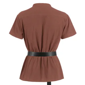 Back view of men's brown medieval Renaissance short sleeve warrior shirt with belt
