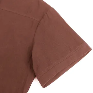 Macro detail of high-quality brown cotton linen short sleeve shirt sleeve and stitching