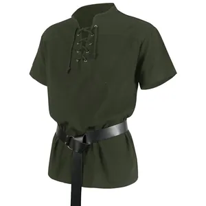 Detailed view of men's dark green medieval Renaissance lace-up short sleeve shirt