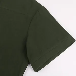 Macro view showing the fabric texture and shoulder seam on a dark green men's shirt