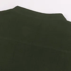 Detailed macro view showing the collar and fabric texture of a dark green men's shirt