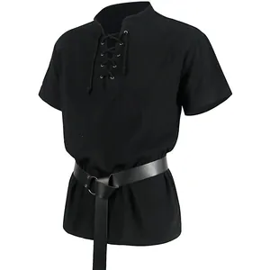 High quality men's medieval renaissance gothic short sleeve lace-up shirt in black