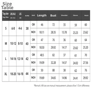 Size chart for women's slim fit Y2K long sleeve T-shirt with measurements in CM and INCH.