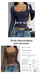Detail view of slim fit square neck long sleeve T-shirt showing fabric indices and specs