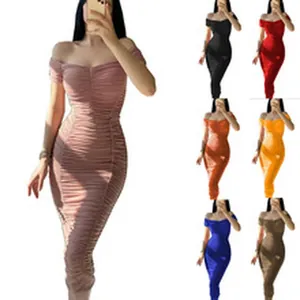 Élégante robe midi moulante froncée à épaules dénudées en sept couleurs éclatantes
