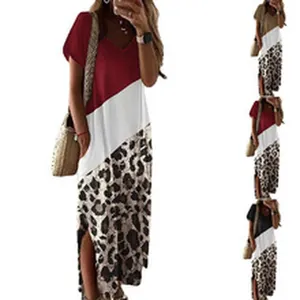 Robe longue élégante à imprimé léopard, blocs de couleurs avec col en V et manches