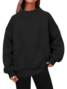 Sweat-shirt oversize noir à col montant pour femme, pull décontracté en polaire
