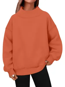 Sweat-shirt surdimensionné à col montant pour femme, pull décontracté en polaire orange