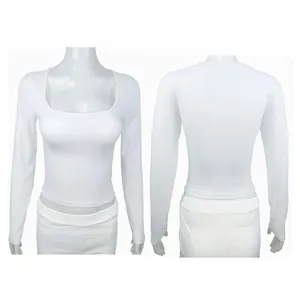 Front and back view of a white slim-fit square neck long sleeve top