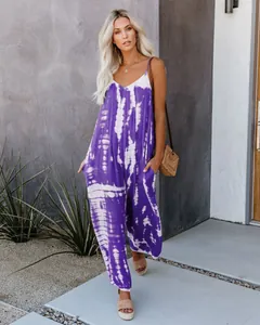 Combinaison bohème tie-dye violette et blanche à jambes larges pour femme en été