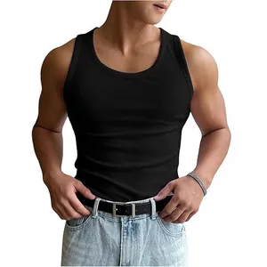 Camiseta sin mangas de canalé negro para hombre, ajuste muscular para fitness y gym