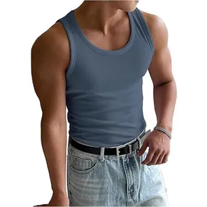 Camiseta de tirantes deportiva ajustada acanalada para hombre con cuello redondo en azul