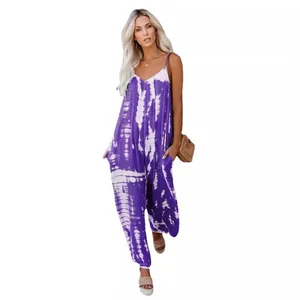 Combinaison élégante tie-dye violet et blanc à fines bretelles et jambes larges d'été