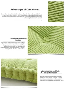 Detailed view of thick corn grain velvet cushion fabric and tufted buckle design