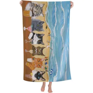 Microfiber beach towel featuring a vibrant colorful cat pattern and beach bar print design