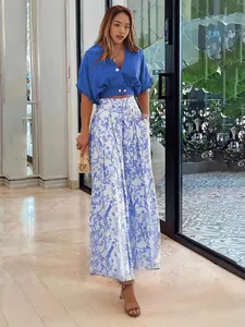 Ensemble d'Été pour Femmes Haut Court à Boutons Col en V et Pantalon Large Imprimé Taille Haute Polyester Imprimé Floral