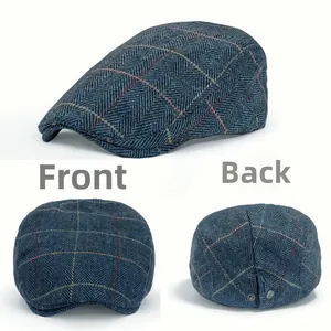 Detail view showing front and back of vintage wool herringbone flat cap beret