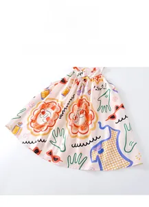 Girls' colorful artistic print sleeveless dress with a wide hem for summer fashion.