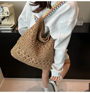 Large capacity straw woven tote bag with colorful wide strap for summer beach