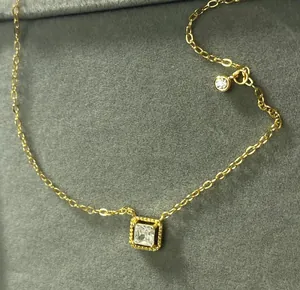 Detail of gold-plated S925 silver necklace with square cubic zirconia pendant