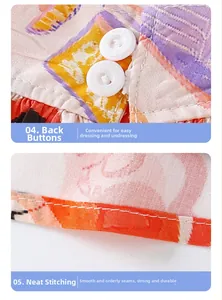Detail of back buttons and neat stitching on a colorful printed girl's summer dress