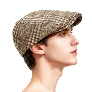 Vintage British Style Houndstooth Plaid Flat Cap For Men Women Adjustable Woolen Feel Beret Ivy Newsboy Cap Fashion Hat