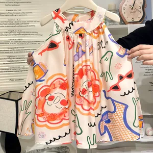 Artsy graphic print sleeveless summer dress for girls with wide hem and playful patterns