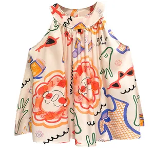 Girls sleeveless summer dress with vibrant artistic cartoon print on white backdrop