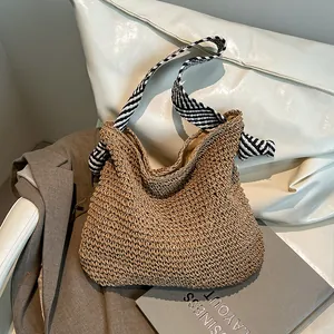 Women Large Capacity Straw Tote Bag Navy Style Handwoven Paper Straw Beach Holiday Shoulder Bag With Striped Wide Strap