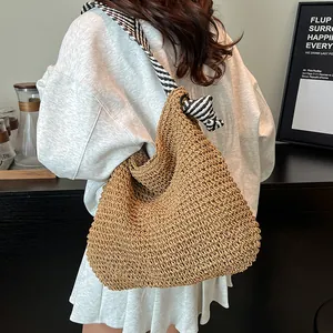 Navy style large straw woven tote bag with striped wide shoulder strap for summer beach