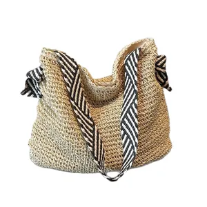 Large capacity nautical straw woven tote bag with striped wide shoulder strap for summer beach