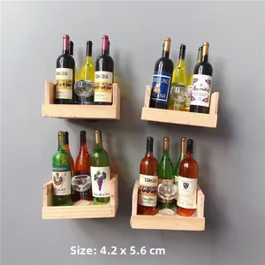 Detailed set of miniature wine bottle magnets in wooden crates, size 4.2 x 5.6 cm.
