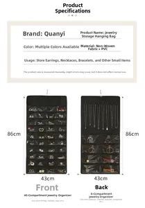 Detail of double-sided jewelry hanging bag with 40 front pockets and 8 back sections