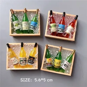 Detailed set of 4 miniature wine bottle fridge magnets in wooden crates with fake ice.