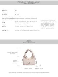 Detailed specifications of the minimalist ruched handbag with dimensions and PU material.