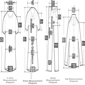 Clothing measurement guide for T-shirts, dresses, pants, and shirts with detailed dimensions