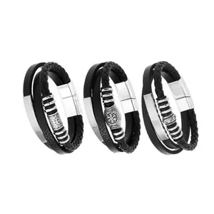 Triple-layer Viking leather bracelet with magnetic clasp and silver metal accents.