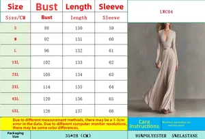 Detailed size chart for elegant long sleeve solid color dress with waist detail