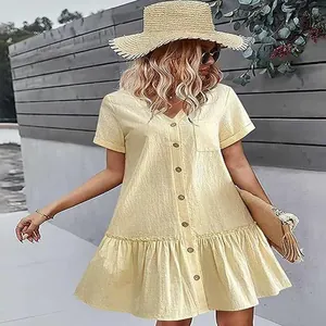 Casual summer loose short sleeve button-down dress with ruffle hem and pocket detail