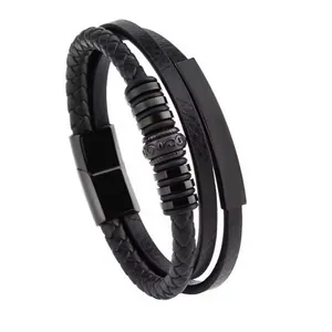 Triple layer braided leather Viking bracelet with black beads and magnetic clasp