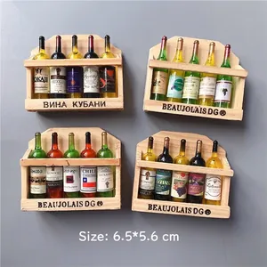 Set of 4 miniature wooden wine rack fridge magnets with tiny bottles, size 6.5x5.6 cm